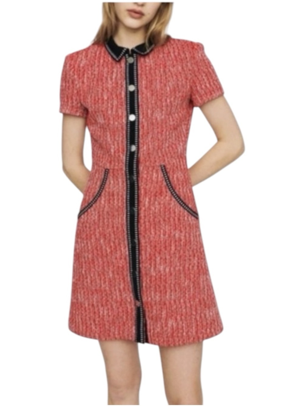 Maje Renati Red Tweed Short-Sleeve Shift Dress with Black Trim Size 3